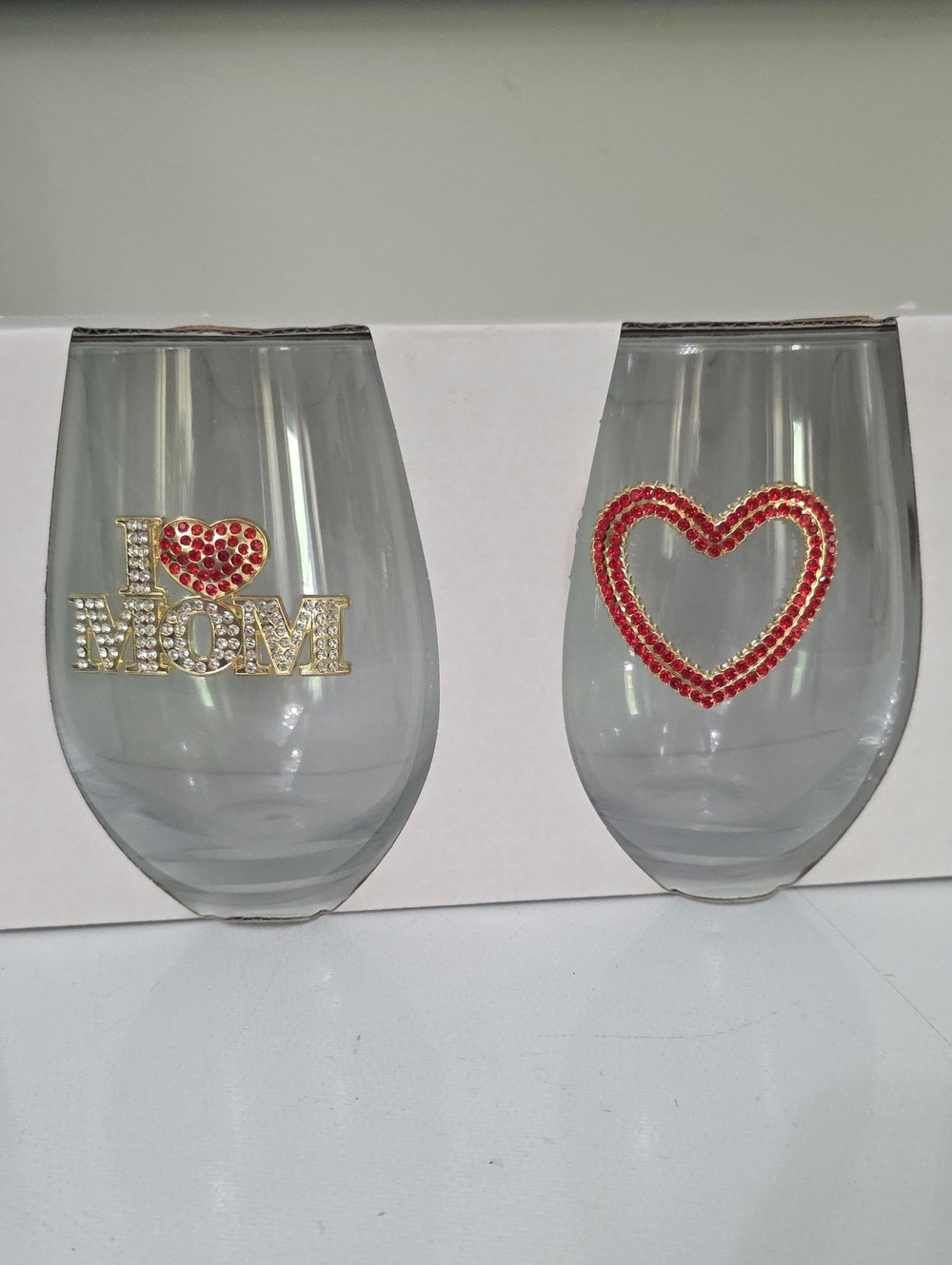 I Love Mom Stemless Wine Glasses - Red Heart Accent